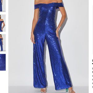 Here to Sparkle Royal Blue Sequin Off-the-Shoulder Jumpsuit